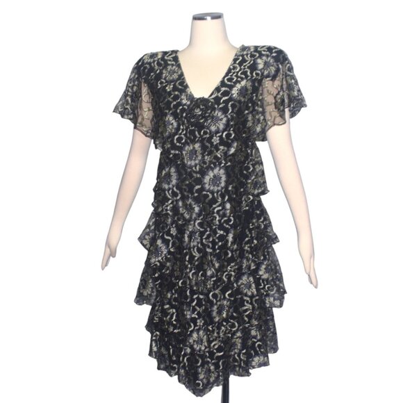 1980s Holly's Harp Ruffled Floral Dress Black Light Gold Tiered Party Dress S - Picture 5 of 7